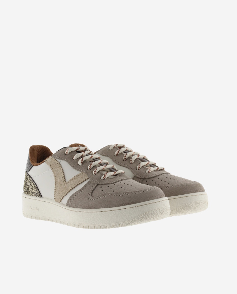 Zapatillas deportivas de mujer con piezas de serraje y pieza trasera de glitter - Victoria - Visón Visón-5