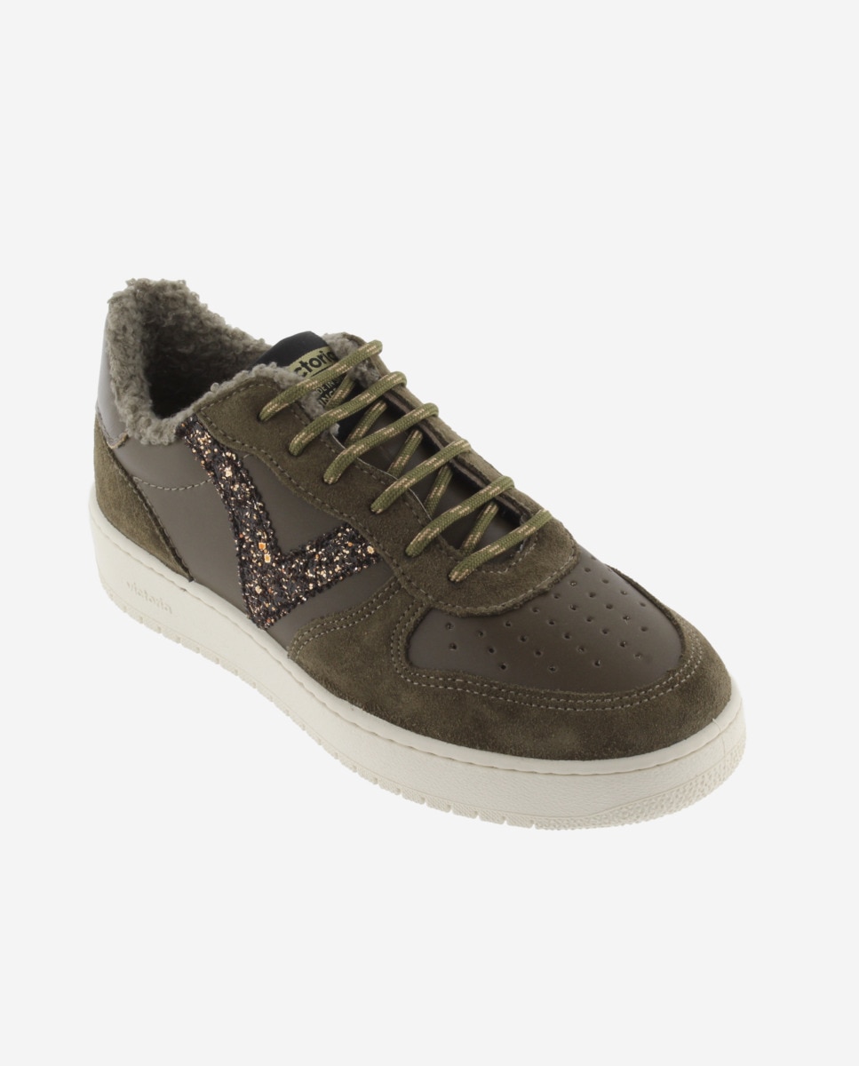 Zapatillas deportivas de mujer con piezas de serraje y logotipo de glitter - Victoria - Kaki Kaki-3