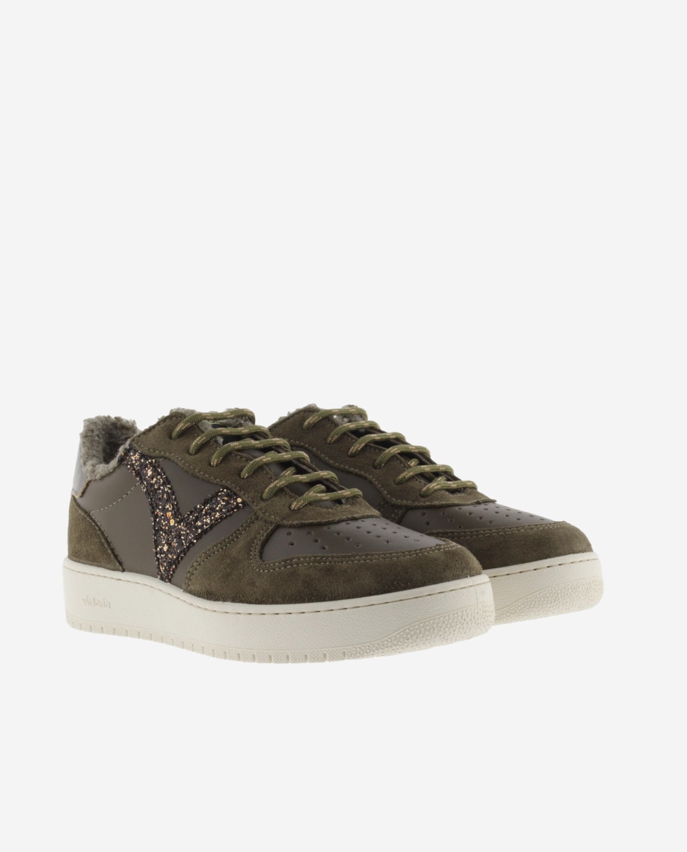 Zapatillas deportivas de mujer con piezas de serraje y logotipo de glitter - Victoria - Kaki Kaki-5
