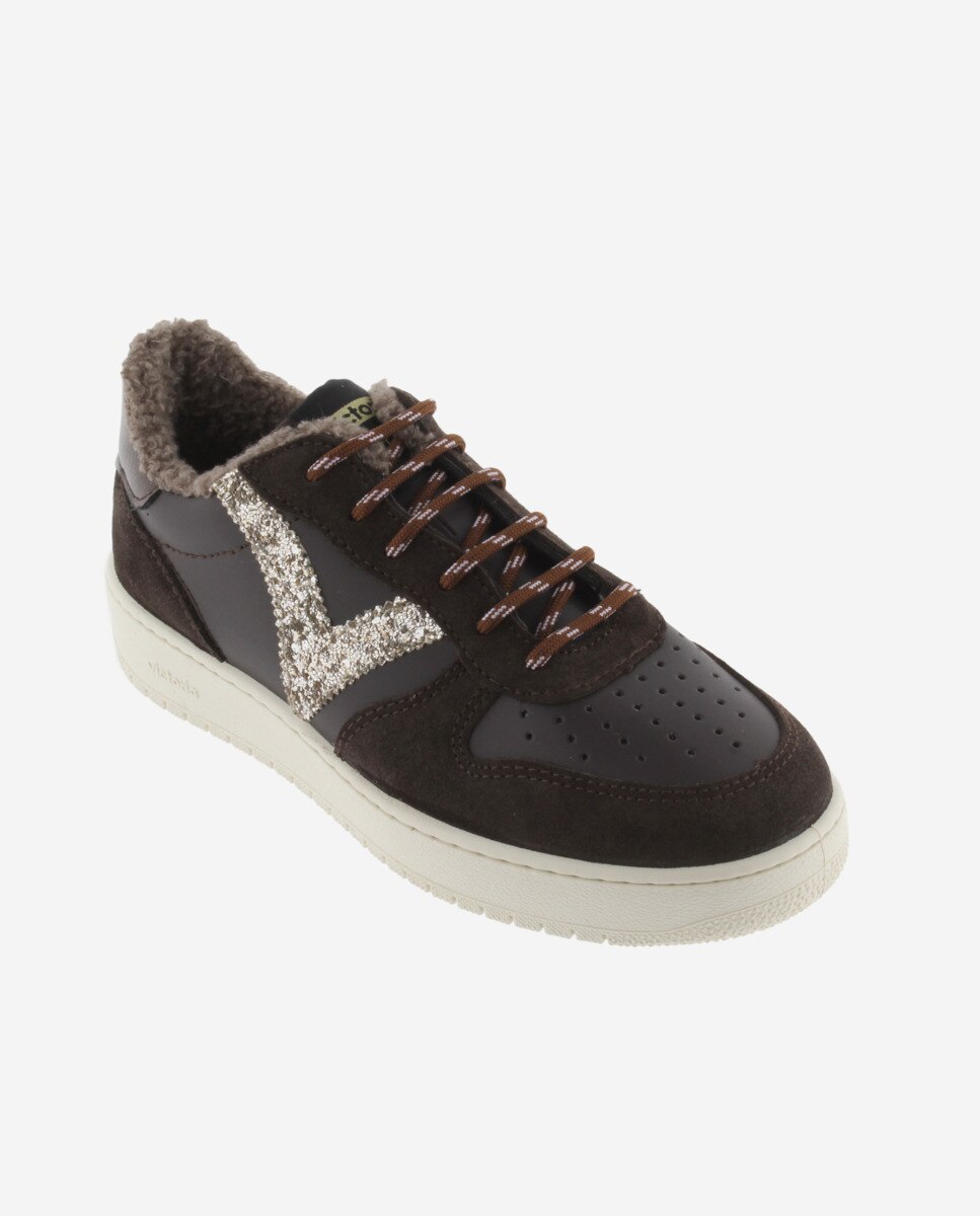 Zapatillas deportivas de mujer con piezas de serraje y logotipo de glitter - Victoria - Marrón Marrón-3