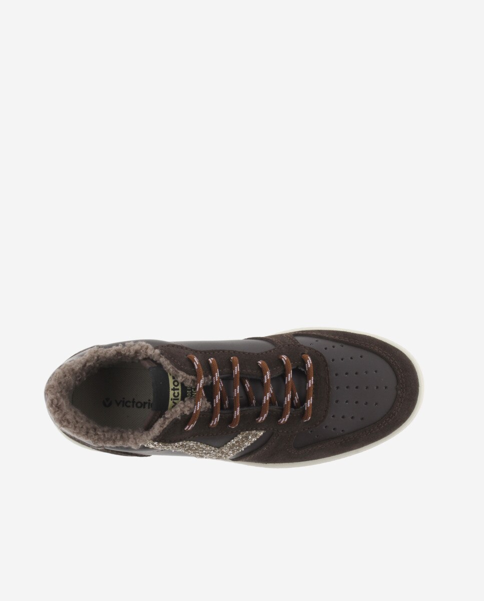 Zapatillas deportivas de mujer con piezas de serraje y logotipo de glitter - Victoria - Marrón Marrón-4