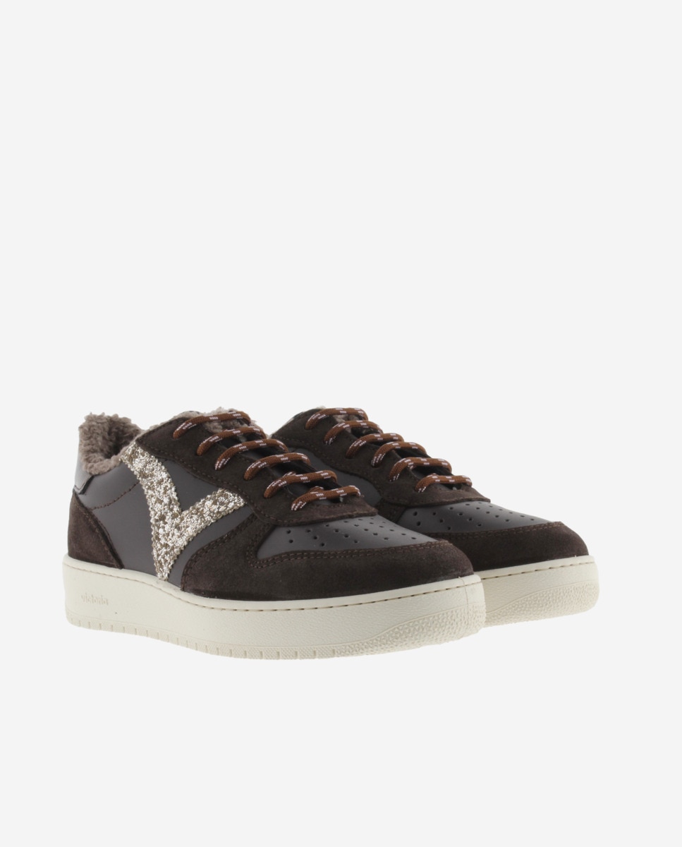 Zapatillas deportivas de mujer con piezas de serraje y logotipo de glitter - Victoria - Marrón Marrón-5