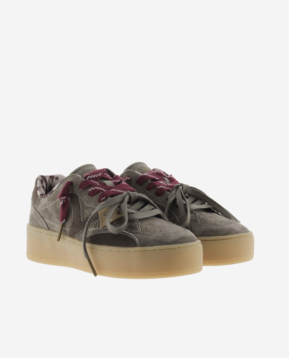 Zapatillas plataforma de mujer de serraje con detalles y doble cordón - Victoria - Kaki Kaki-5