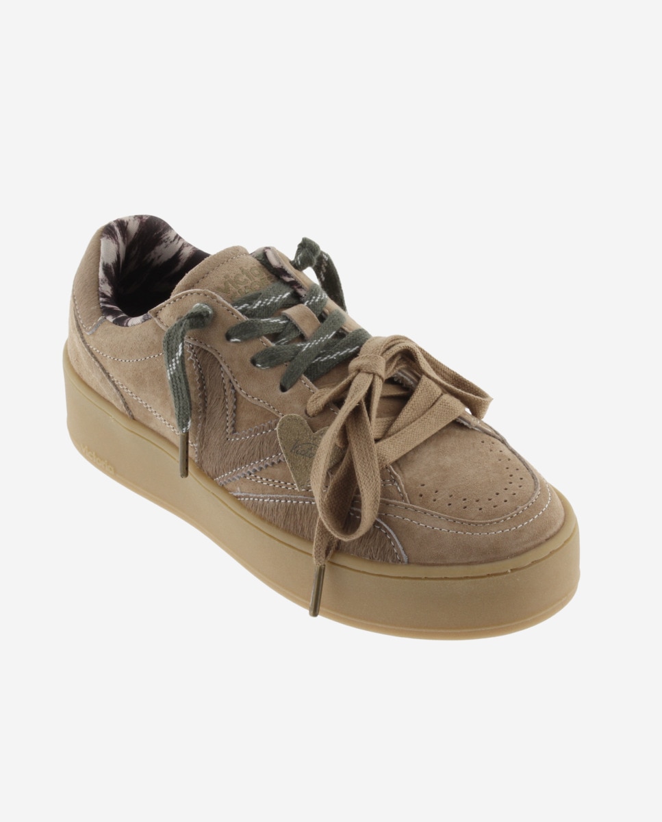 Zapatillas plataforma de mujer de serraje con detalles y doble cordón - Victoria - Beige Beige-3