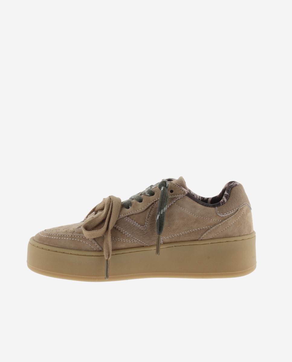 Zapatillas plataforma de mujer de serraje con detalles y doble cordón - Victoria - Beige Beige-2