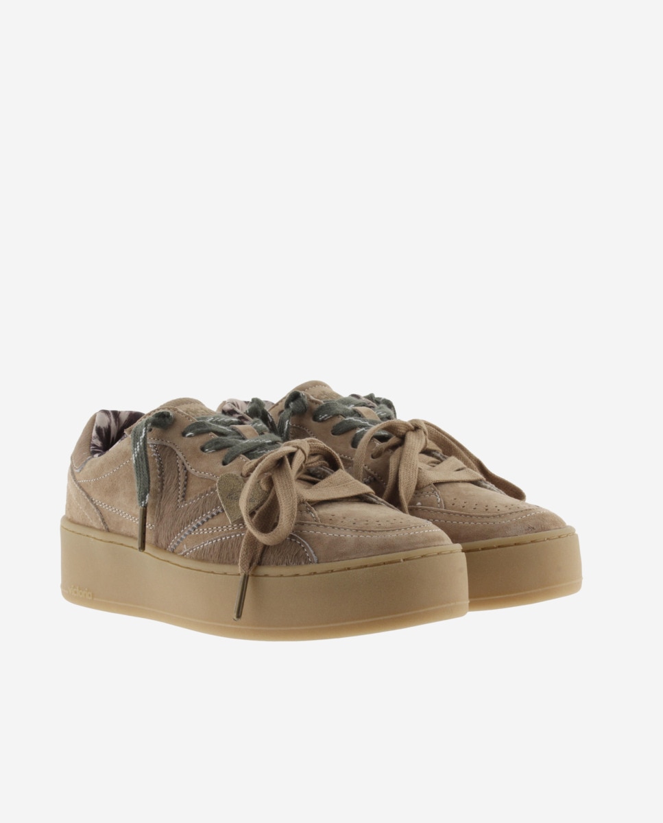 Zapatillas plataforma de mujer de serraje con detalles y doble cordón - Victoria - Beige Beige-5