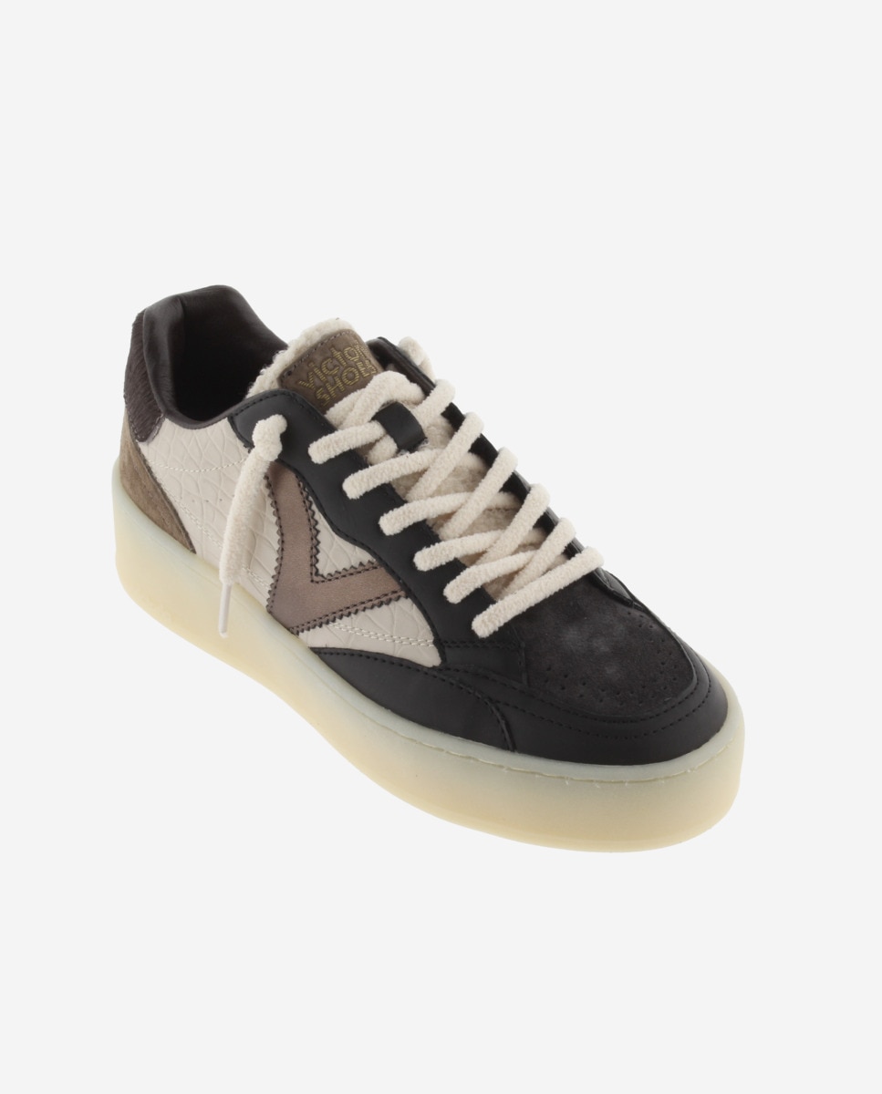 Zapatillas plataforma de mujer con piezas de serraje y detalles - Victoria - Negro Negro-3