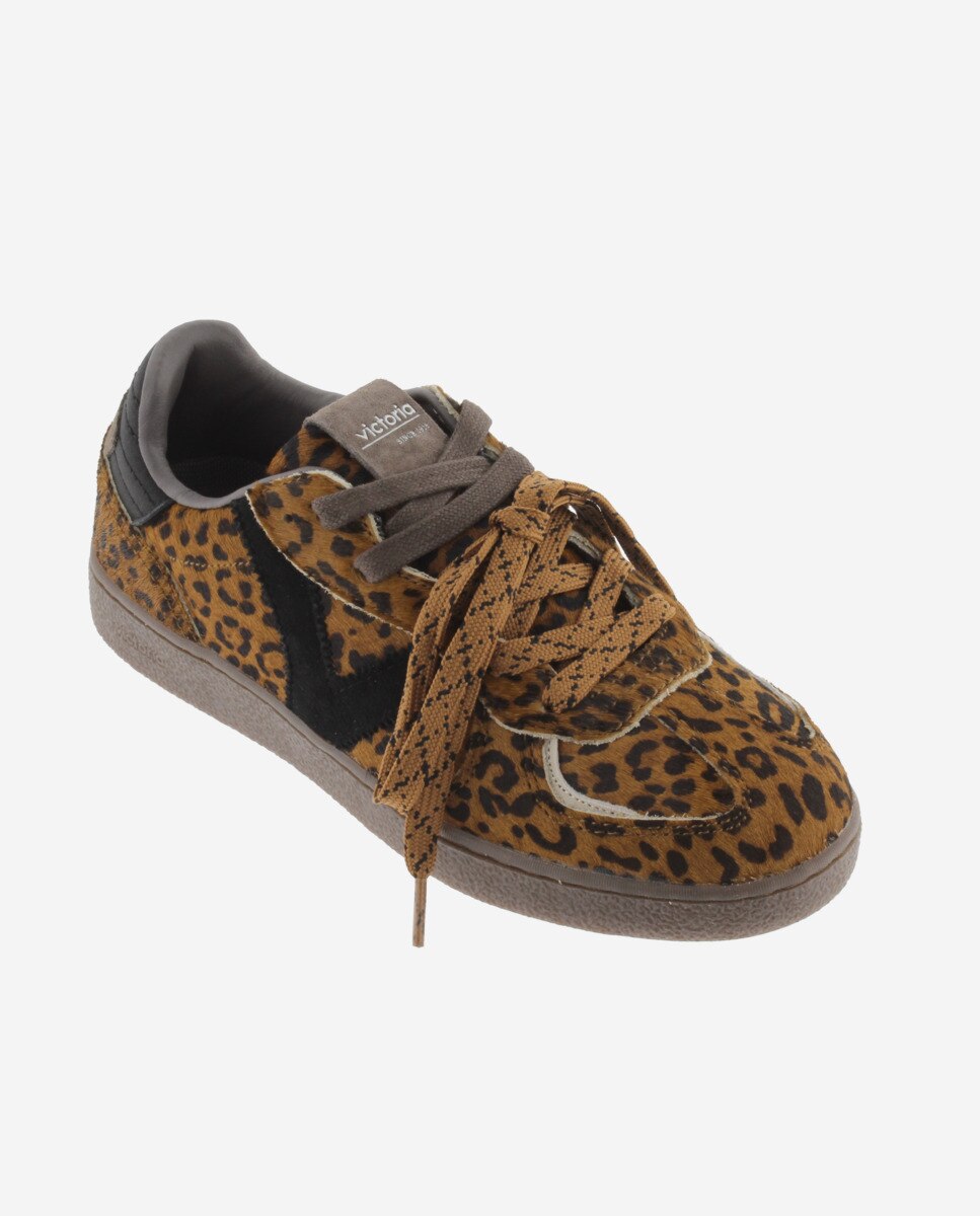 Zapatillas deportivas de mujer de potro animal print con suela marrón chocolate y doble cordón - Victoria - Cuero Cuero-3