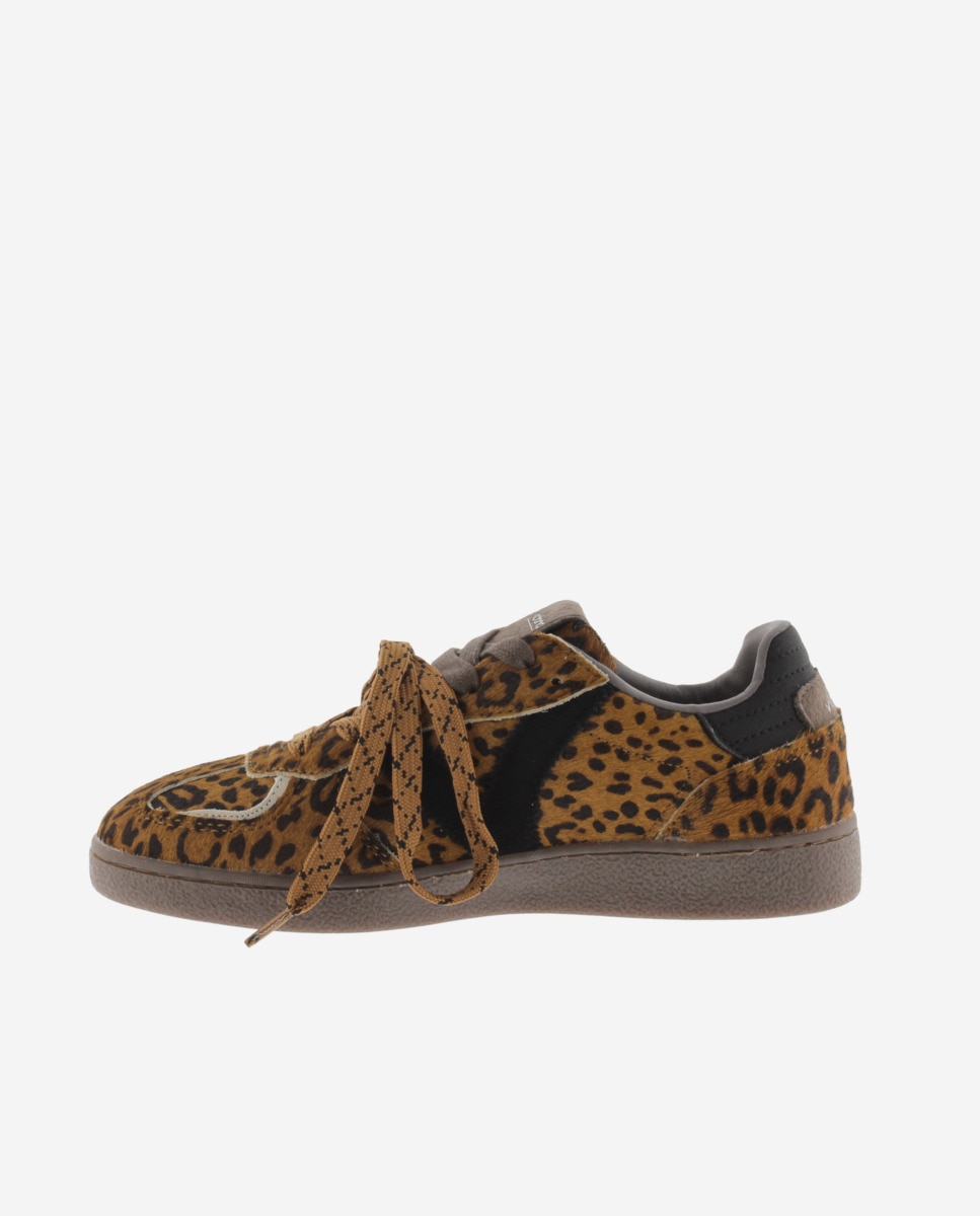 Zapatillas deportivas de mujer de potro animal print con suela marrón chocolate y doble cordón - Victoria - Cuero Cuero-2