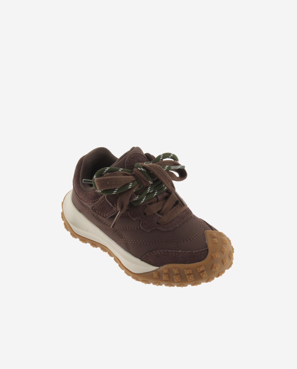 Zapatillas deportivas de niña de nylon con piezas de serraje y doble cordón - Victoria - Marrón Marrón-2