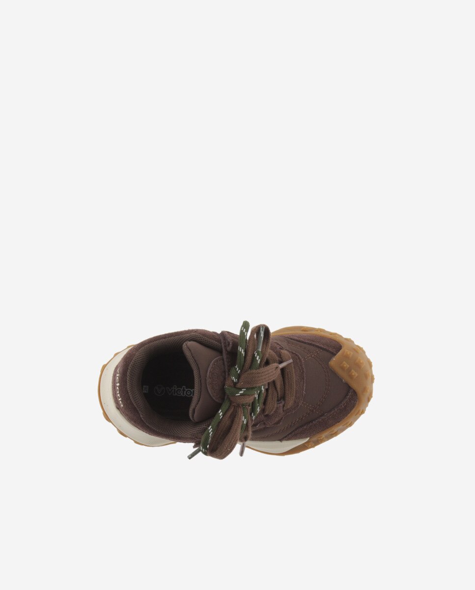 Zapatillas deportivas de niña de nylon con piezas de serraje y doble cordón - Victoria - Marrón Marrón-4