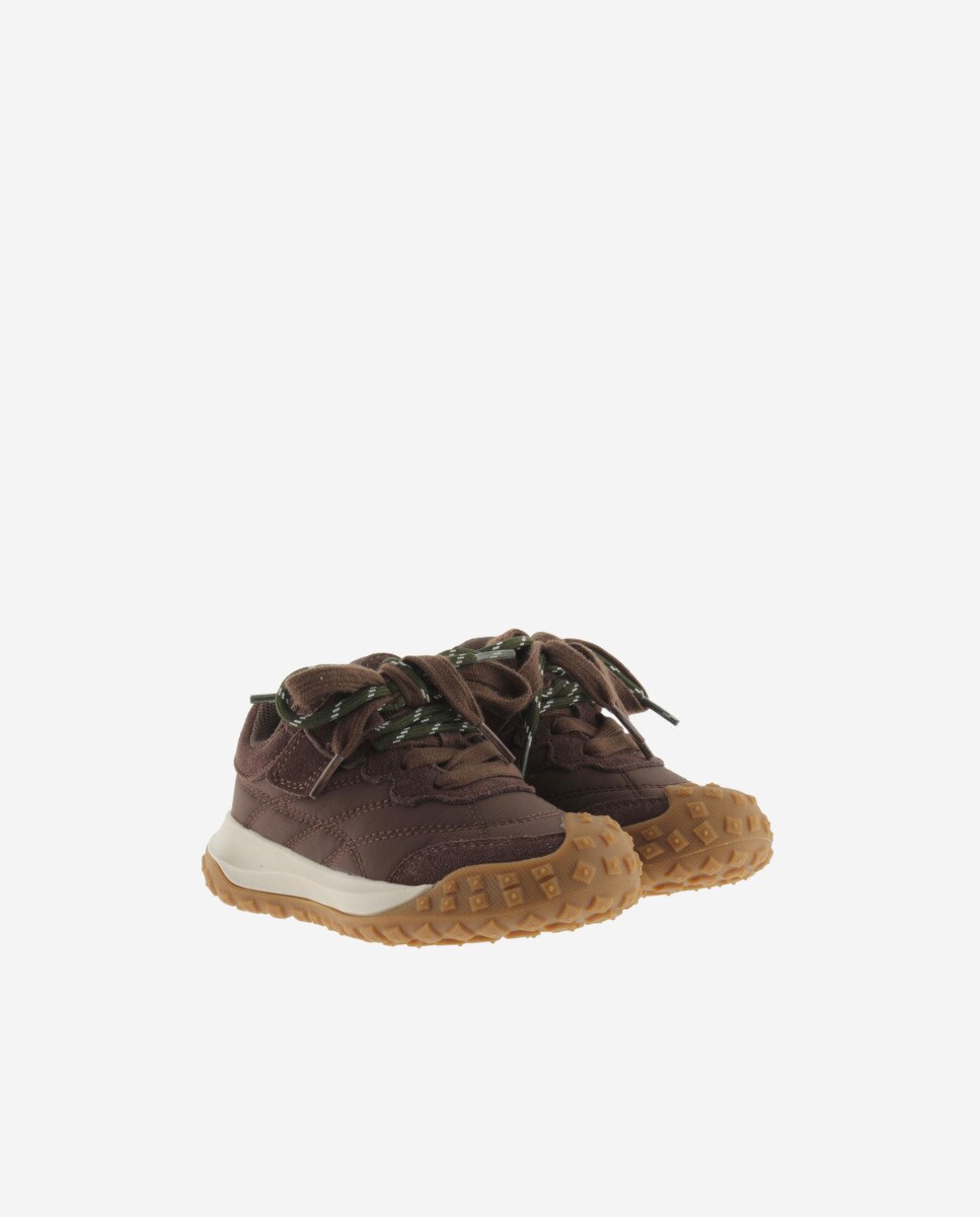 Zapatillas deportivas de niña de nylon con piezas de serraje y doble cordón - Victoria - Marrón Marrón-5