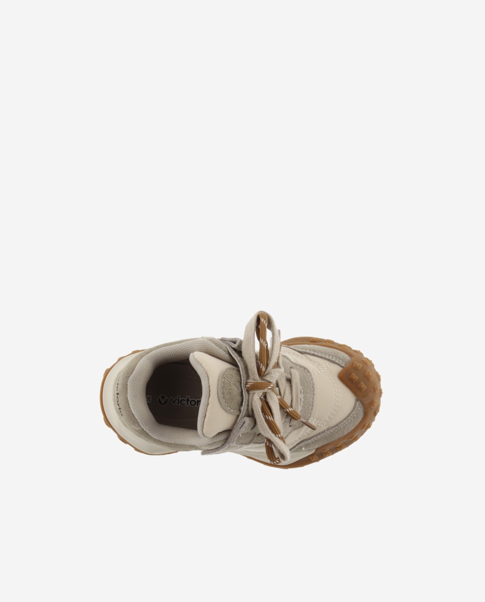 Zapatillas deportivas de niña de nylon con piezas de serraje y doble cordón - Victoria - Beige Beige-4