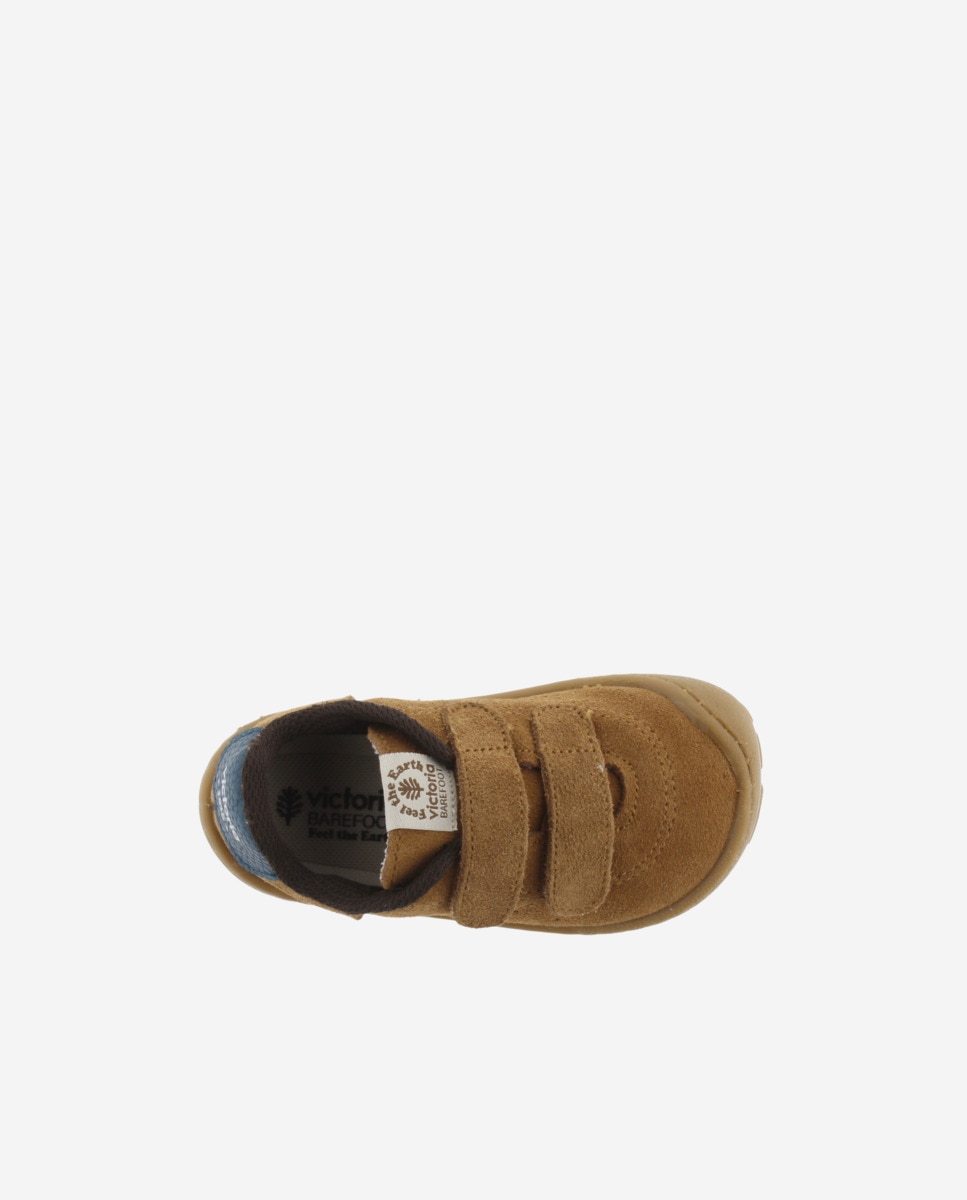 Zapatillas de niños barefoot de serraje con doble cierre adherente y logotipo troquelado - Victoria - Cuero Cuero-4