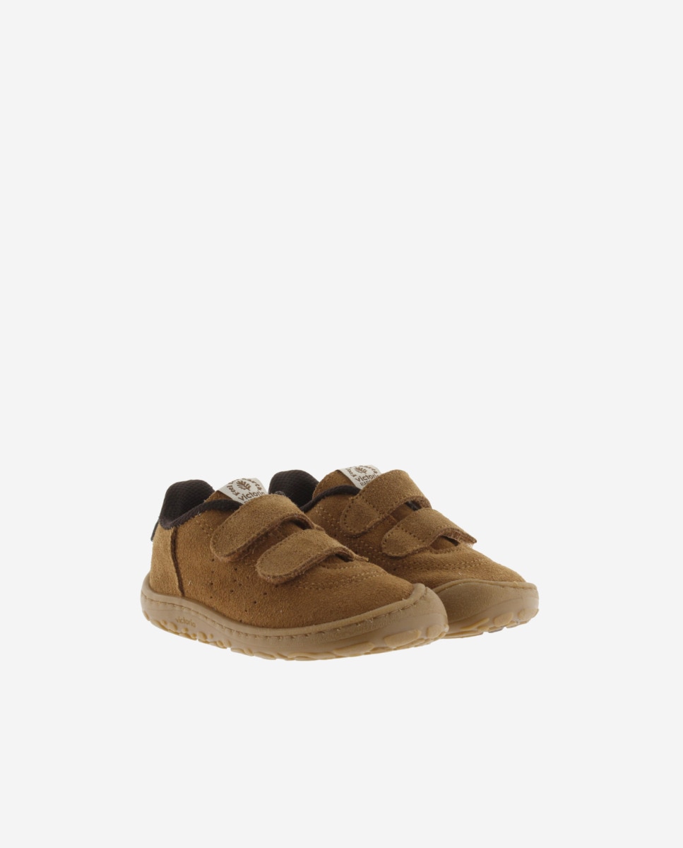 Zapatillas de niños barefoot de serraje con doble cierre adherente y logotipo troquelado - Victoria - Cuero Cuero-5