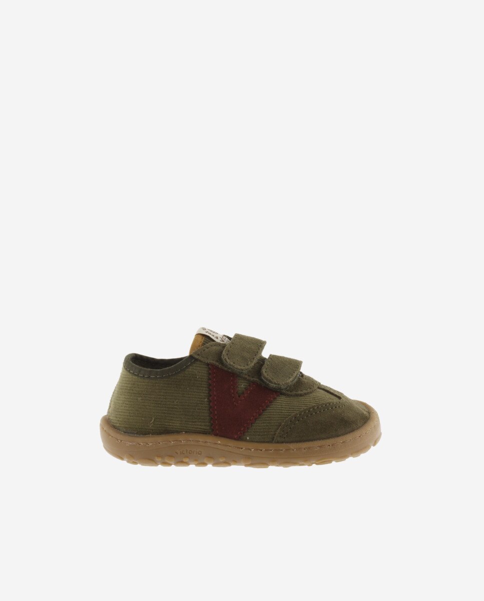 Zapatillas de niños barefoot de pana con piezas de serraje y doble cierre adherente - Victoria - Kaki Kaki-1