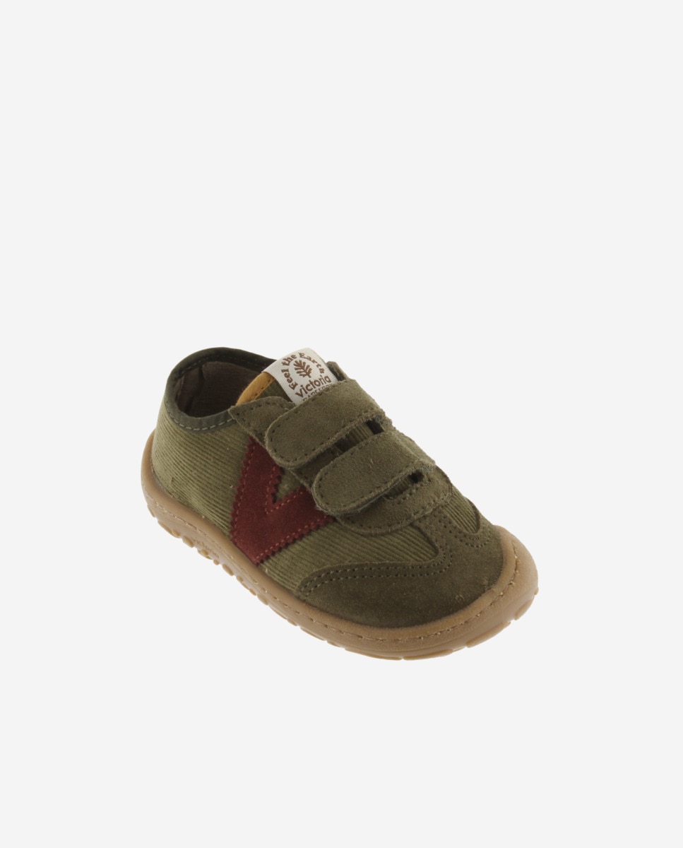 Zapatillas de niños barefoot de pana con piezas de serraje y doble cierre adherente - Victoria - Kaki Kaki-2