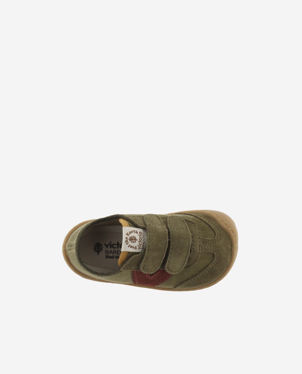 Zapatillas de niños barefoot de pana con piezas de serraje y doble cierre adherente - Victoria - Kaki Kaki-4