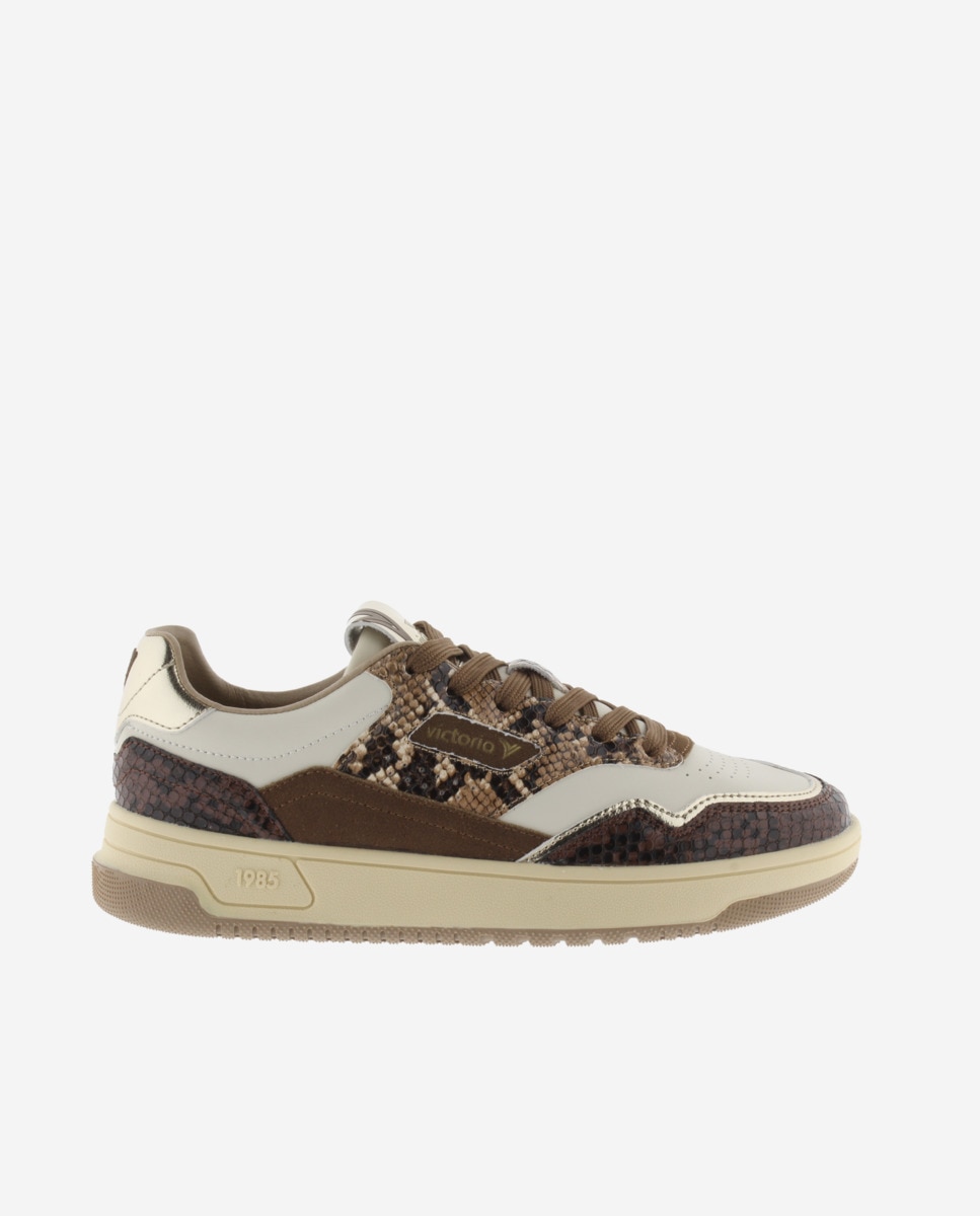 Zapatillas deportivas de mujer de piel con piezas metalizadas y animal print - Victoria - Marrón Marrón-1