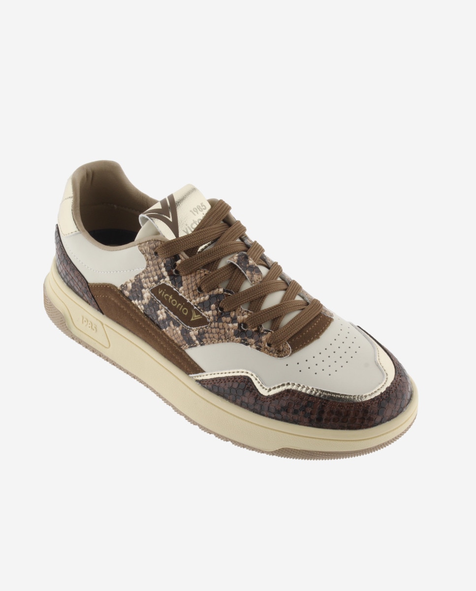 Zapatillas deportivas de mujer de piel con piezas metalizadas y animal print - Victoria - Marrón Marrón-3