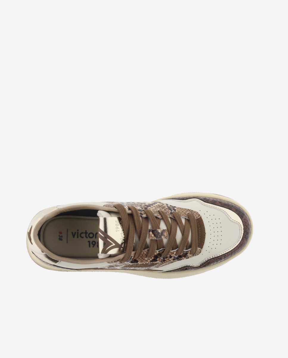 Zapatillas deportivas de mujer de piel con piezas metalizadas y animal print - Victoria - Marrón Marrón-4