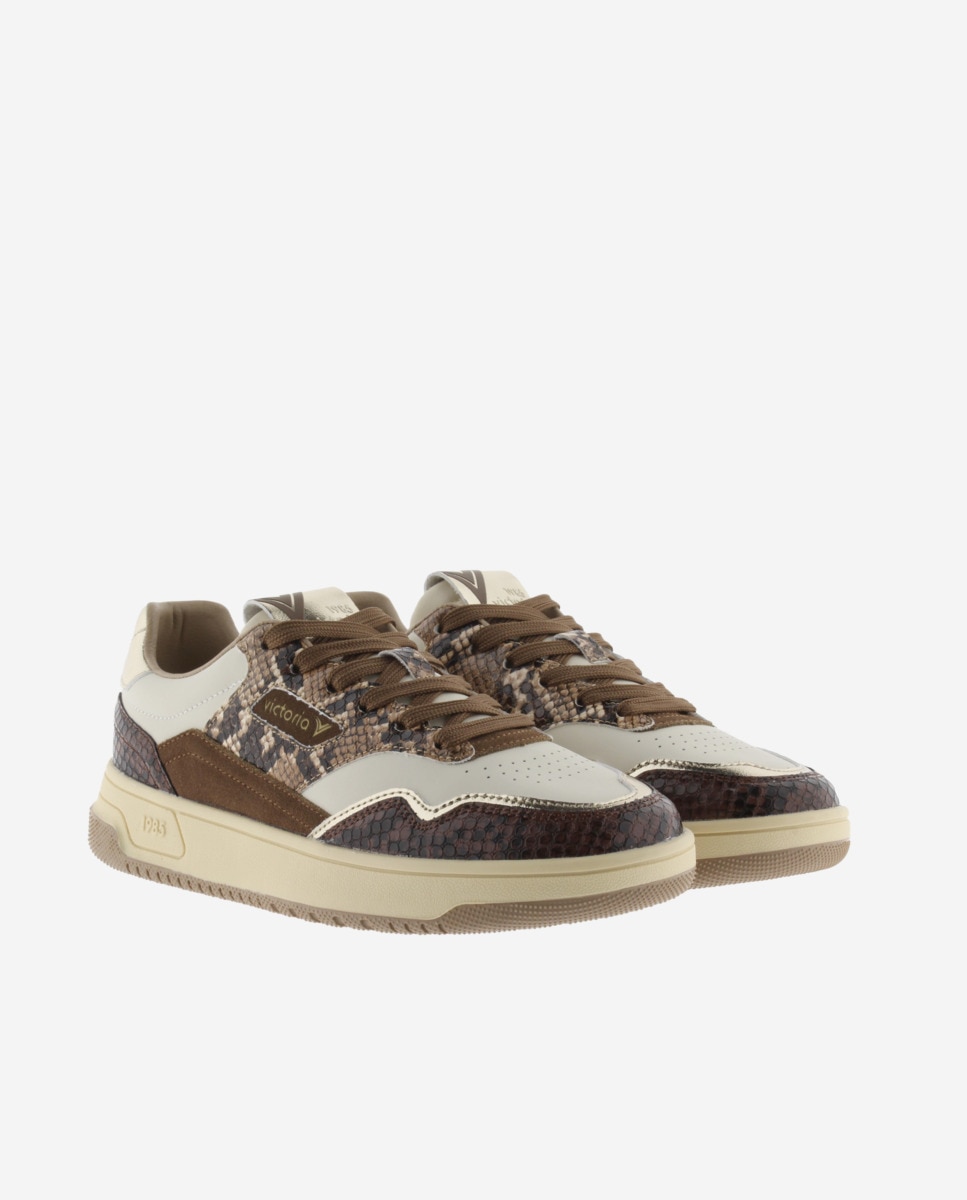 Zapatillas deportivas de mujer de piel con piezas metalizadas y animal print - Victoria - Marrón Marrón-5