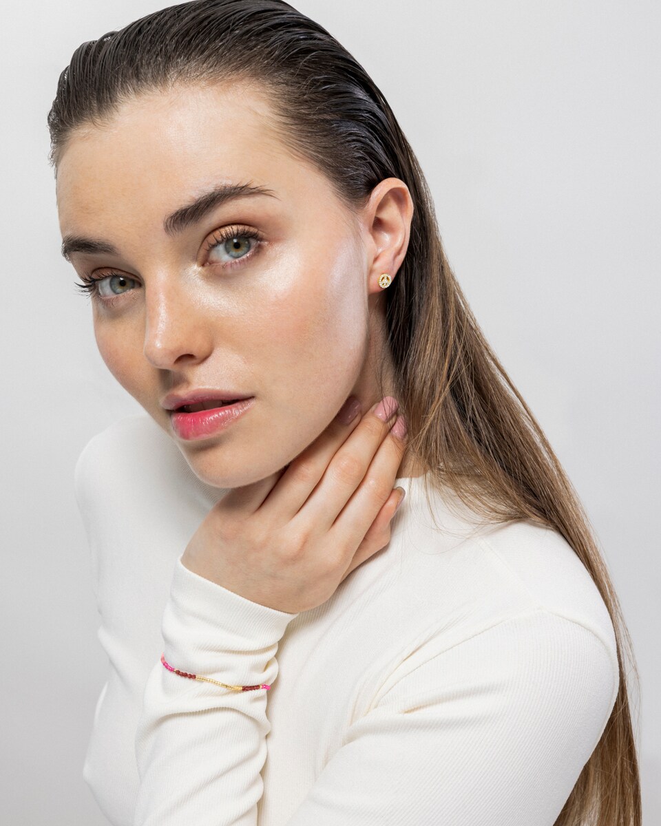 Pulsera Pide Un Deseo acabada en oro amarillo de 18k con cristal rosa Rosa-2