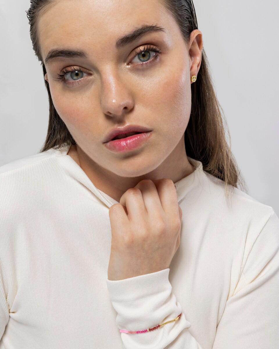 Pulsera Pide Un Deseo acabada en oro amarillo de 18k con cristal rosa Rosa-4