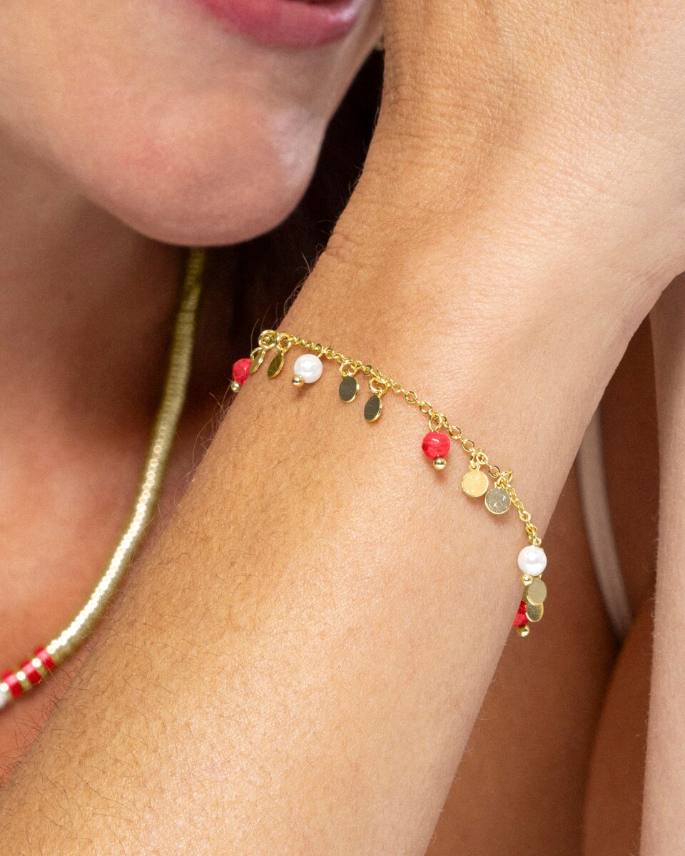 Pulsera Boho acabado en oro amarillo de 18k con  coral Blanco-3