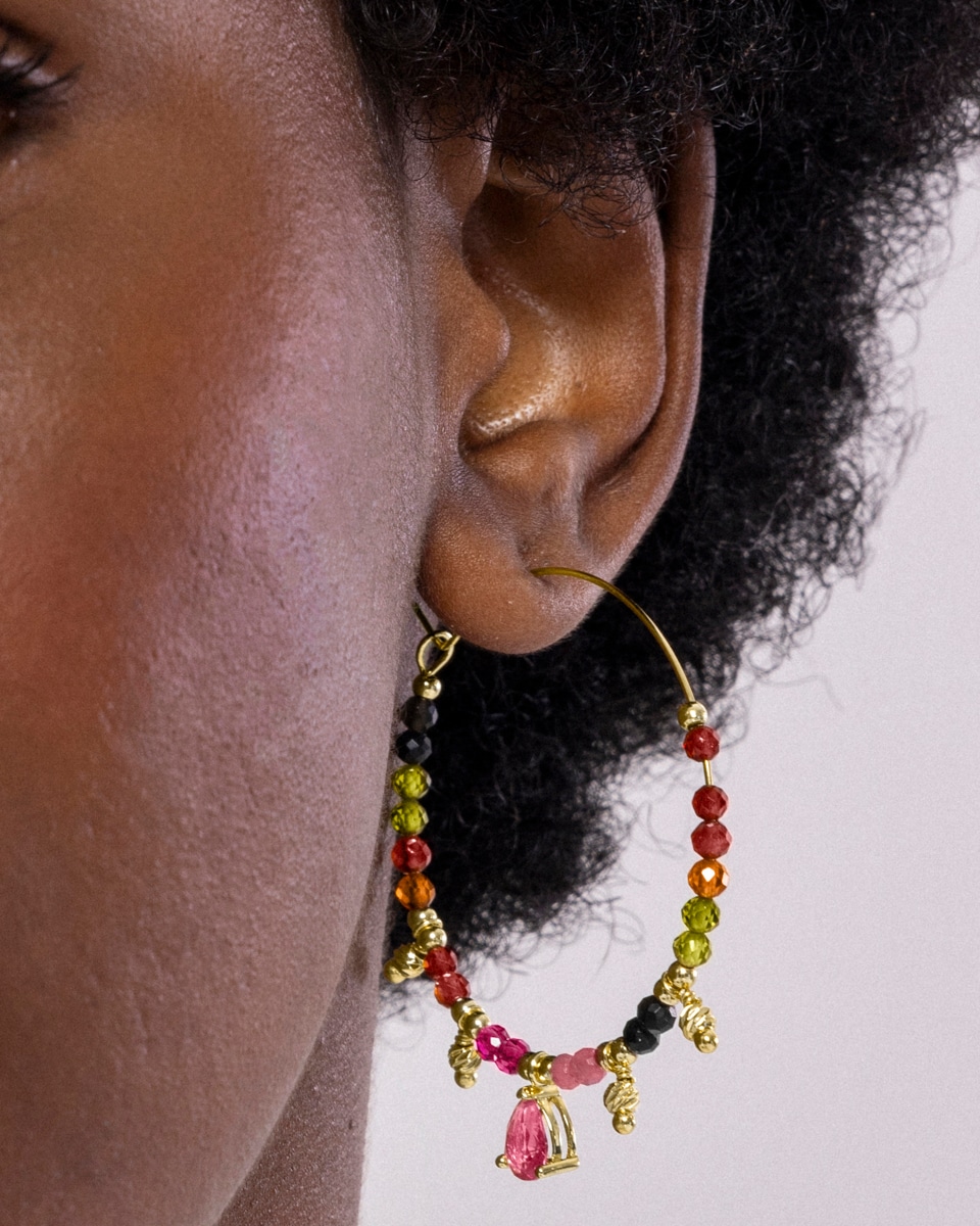 Pendientes Boho acabado en oro amarillo de 18k con turmalina multicolor Multicolor-3
