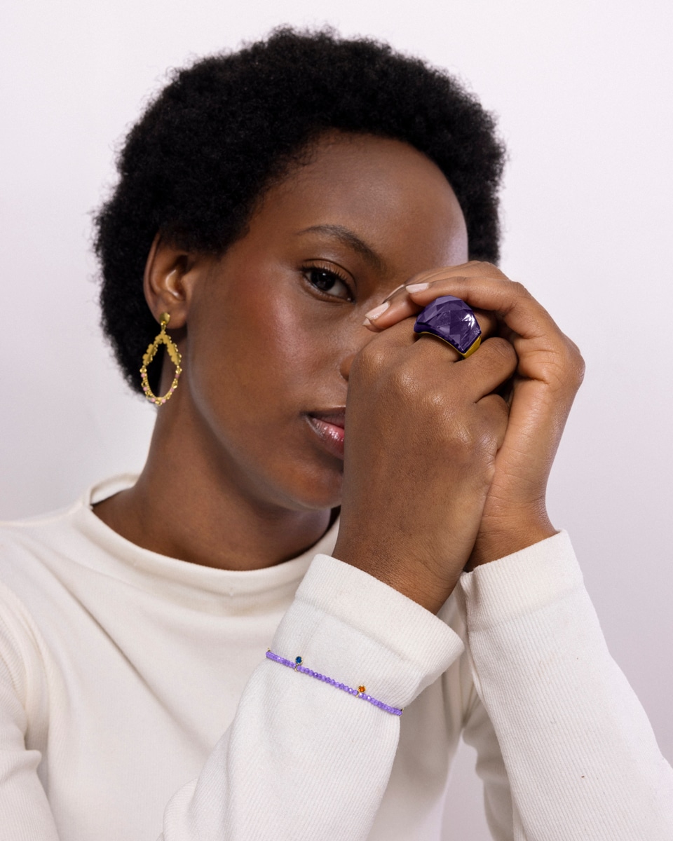 Anillo Boho acabado en oro amarillo de 18k cuarzo hidrotermal onix Morado-3