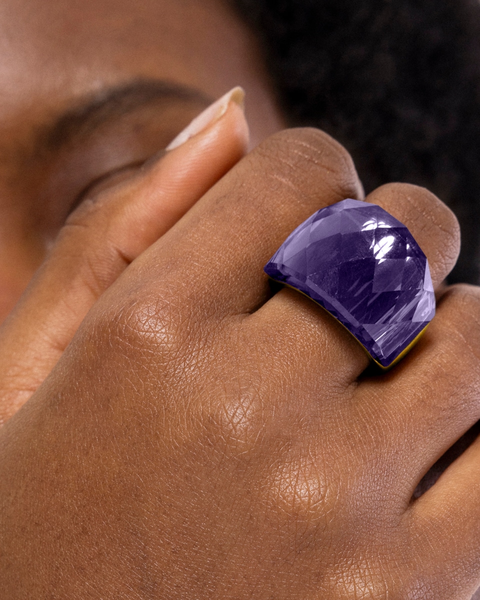 Anillo Boho acabado en oro amarillo de 18k cuarzo hidrotermal onix Morado-5