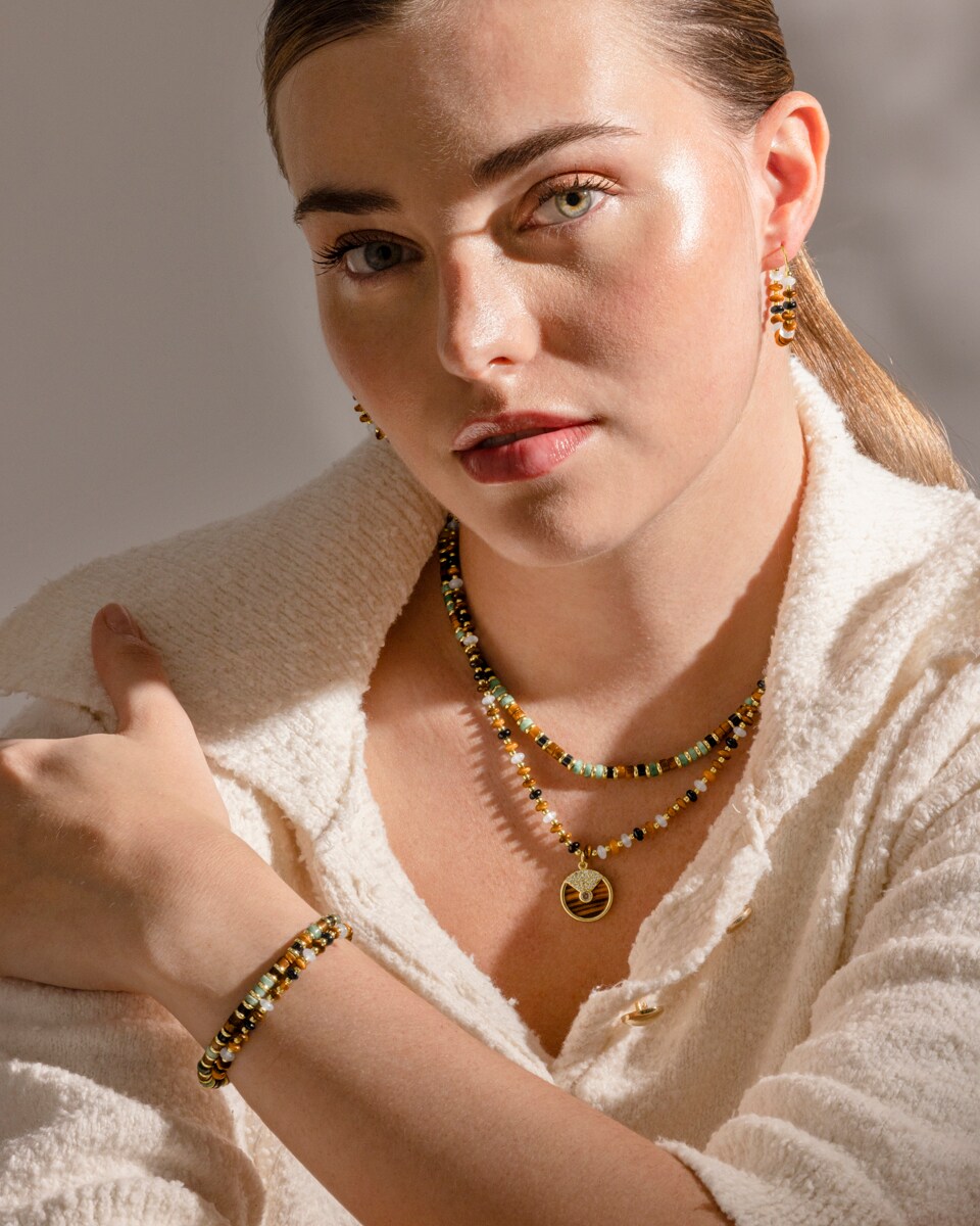 Pulsera Trendy acabada en oro amarillo de 18k con ojo de tigre Marrón-3