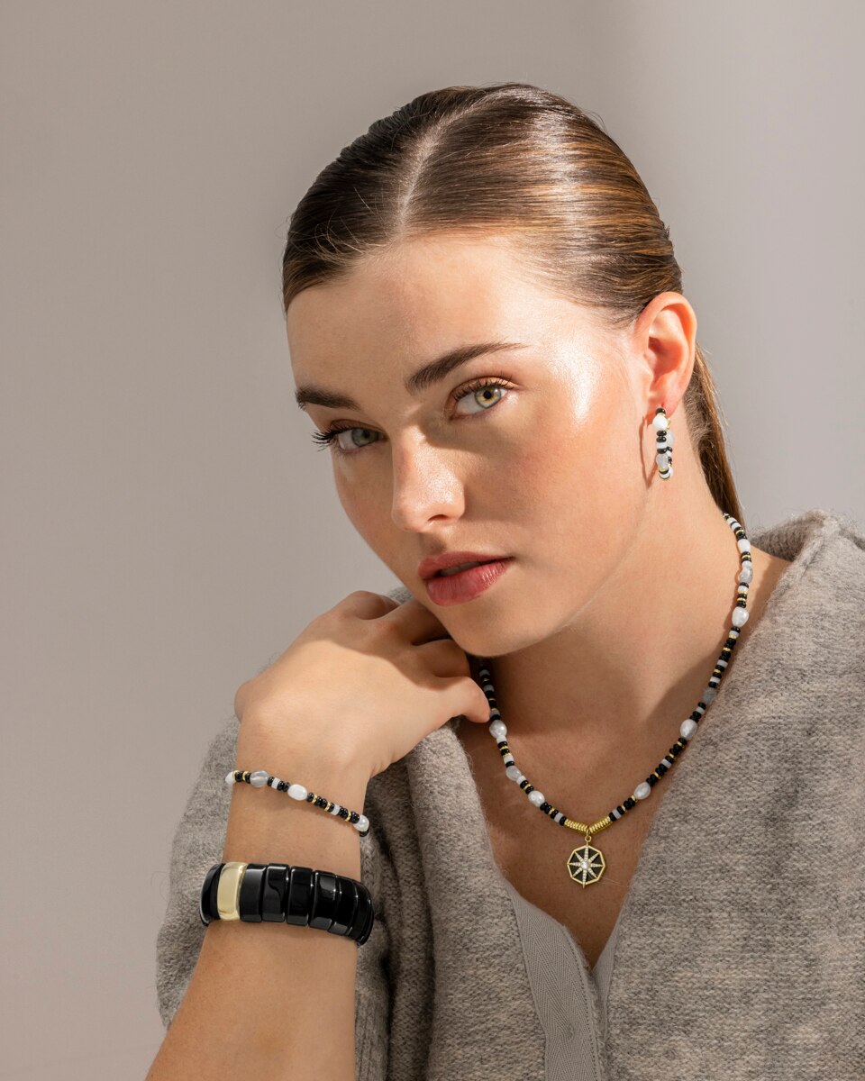 Pulsera de cadena trendy de plata de ley 925 acabada en oro amarillo de 18 quilates con onix - Luxenter - Negro Negro-5