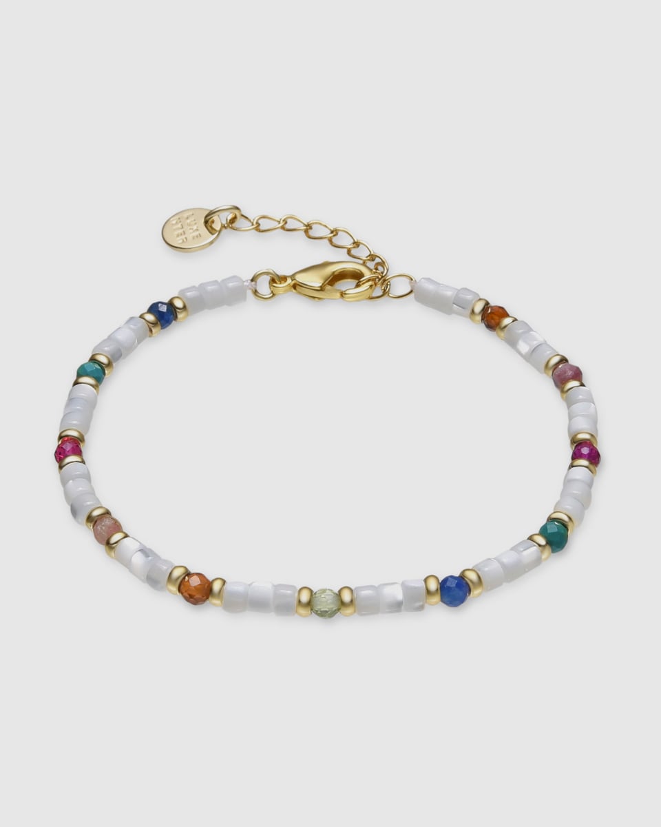 Pulsera Boho acabada en oro amarillo de 18k con madreperla blanca Blanco-1