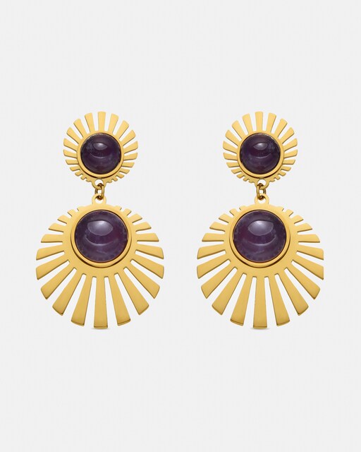 Imagen 0 de Pendientes Boho de acero acabados en oro amarillo de 18k con cuarzo hidrotermal amatista