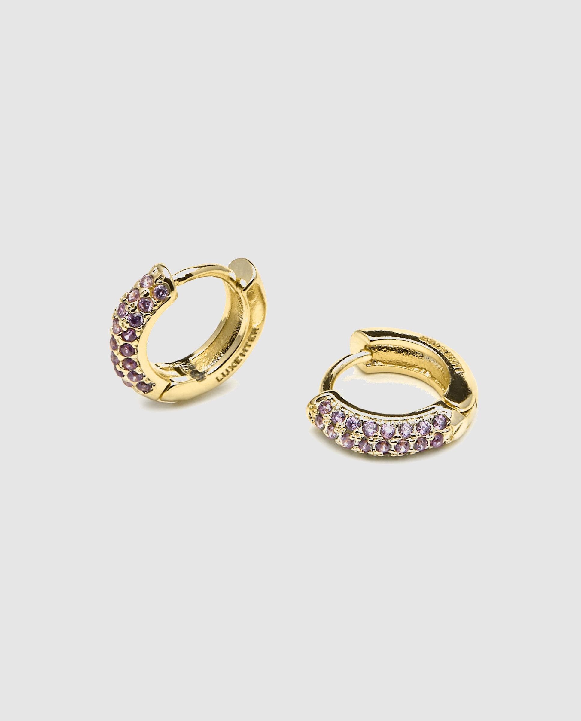 Imagen 5 de Pendientes de aro basic acabados en oro de 18 quilates con circonita amatista - Luxenter - Oro Oro