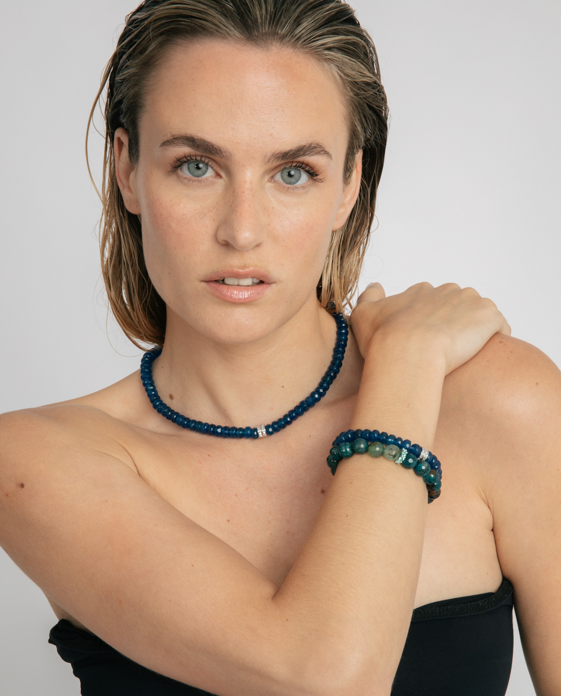 Pulsera de cadena trendy de plata de ley 925 acabada en rodio con jade azul - Luxenter - Azul Cobalto Azul Cobalto-2