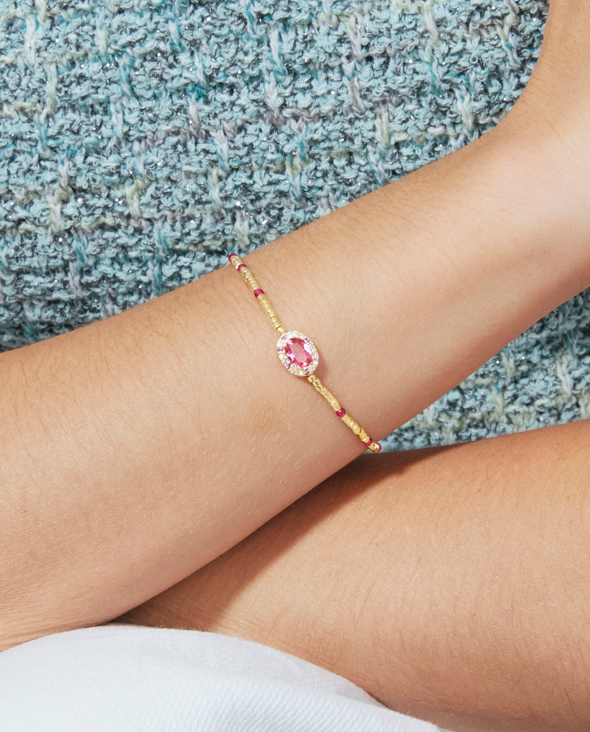 Pulsera de cadena atelier de plata de ley 925 con circonita rosa acabada en oro amarillo de 18k - Luxenter - Rosa Rosa-4