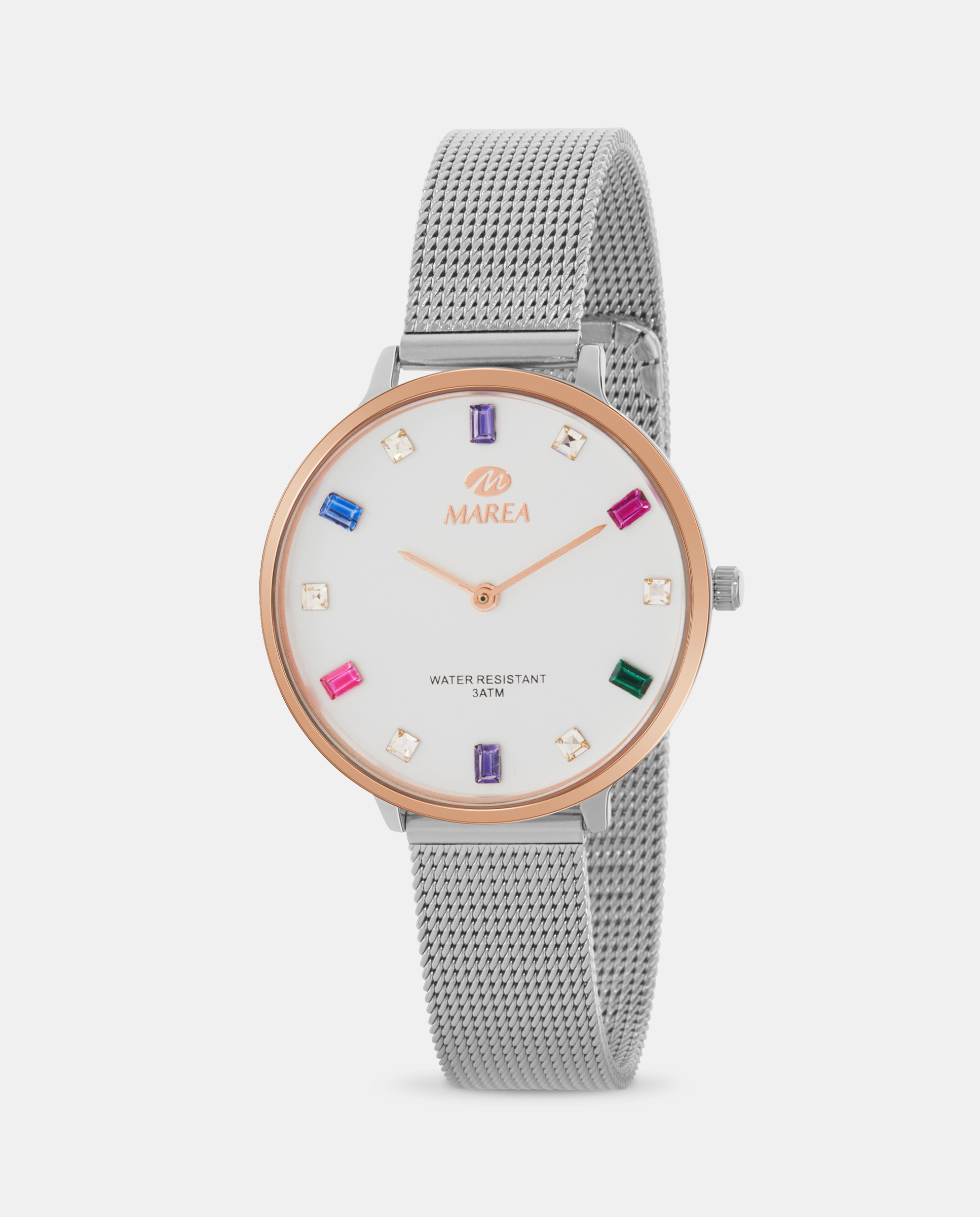 Imagen 0 de Reloj analógico de mujer b41290 2 malla milanesa de acero y esfera blanca con piedras Plateado