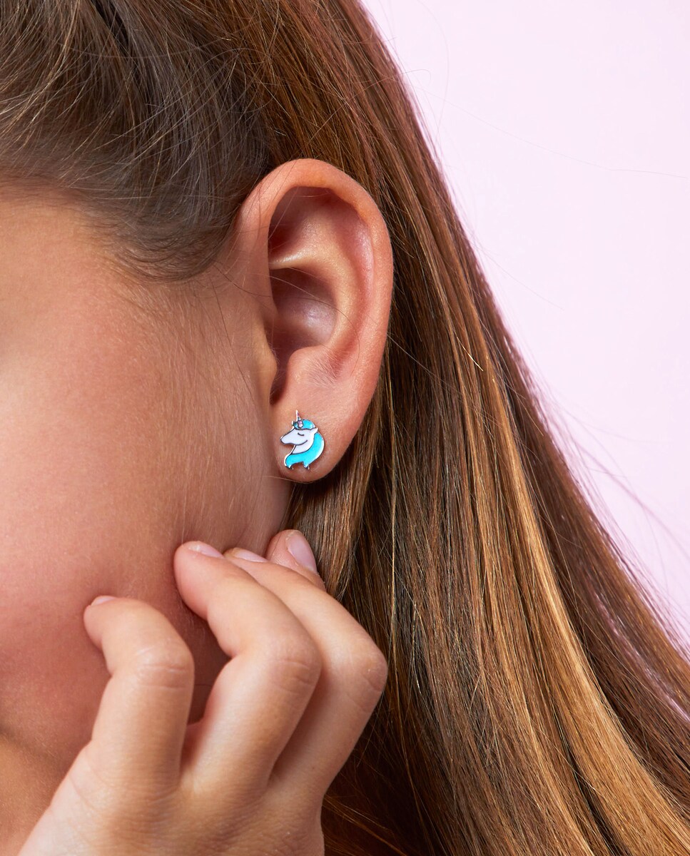 Pendientes de niña D02401/AM de plata rodiada Motivo unicornio Esmalte azul Plata-2