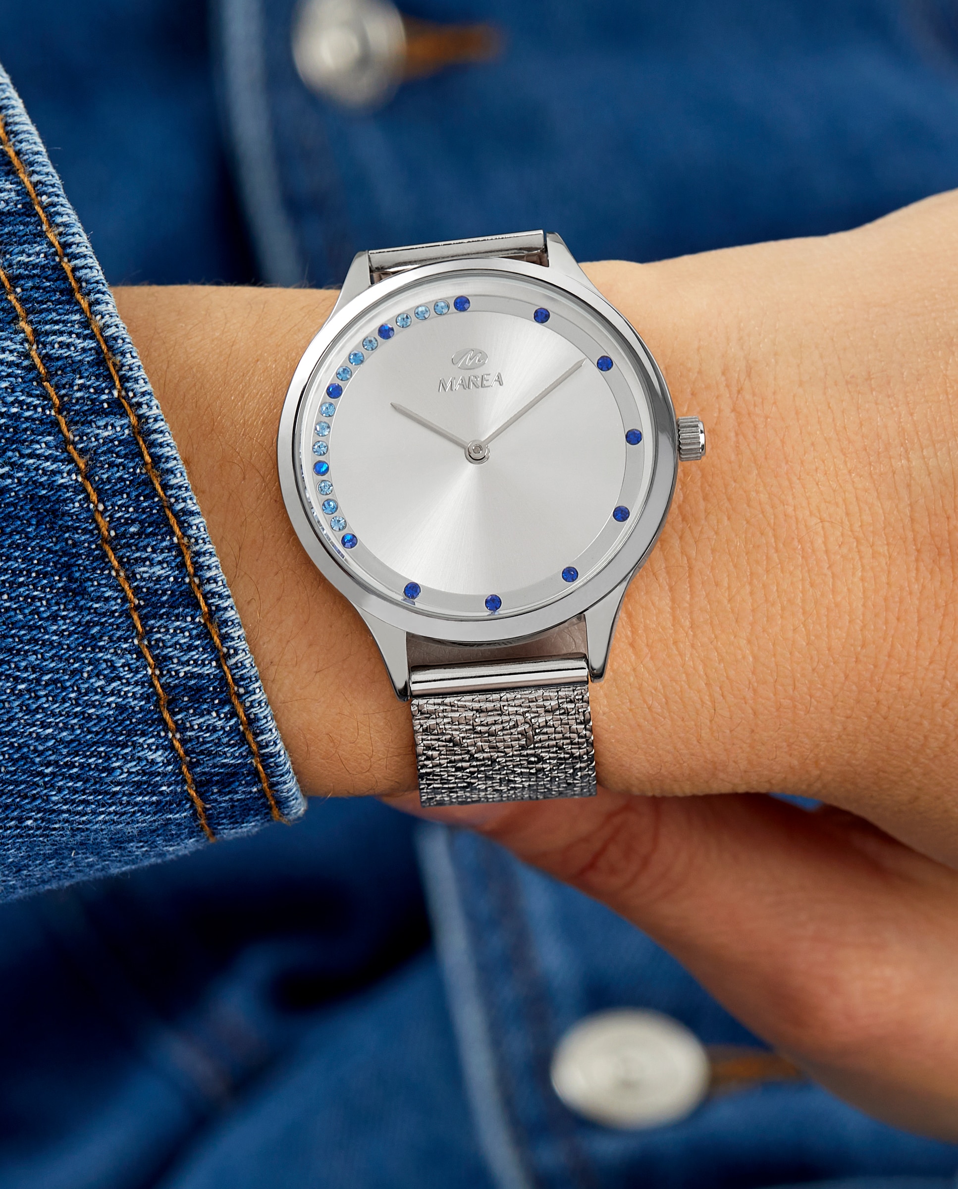 Reloj analógico de mujer b41334 1 correa de acero color plata y esfera plateada con piedras azules - Marea - Plateado Plateado-2