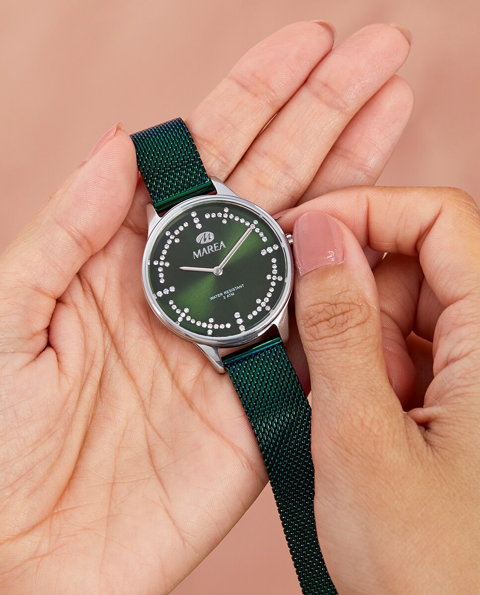 Reloj de mujer B54233/2 malla milanesa de acero y esfera verde con circonitas Verde-2