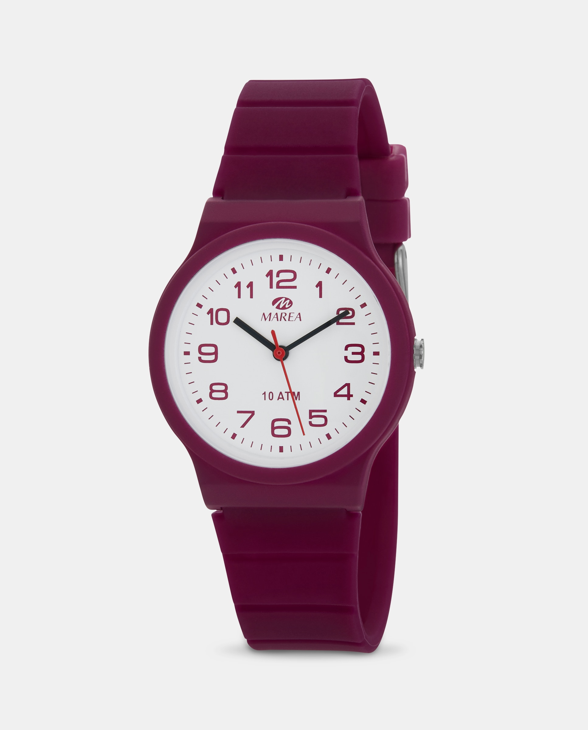 Imagen 1 de Reloj analógico de mujer b25177 3 correa de silicona burdeos y esfera blanca con segundero color rojo Burdeos