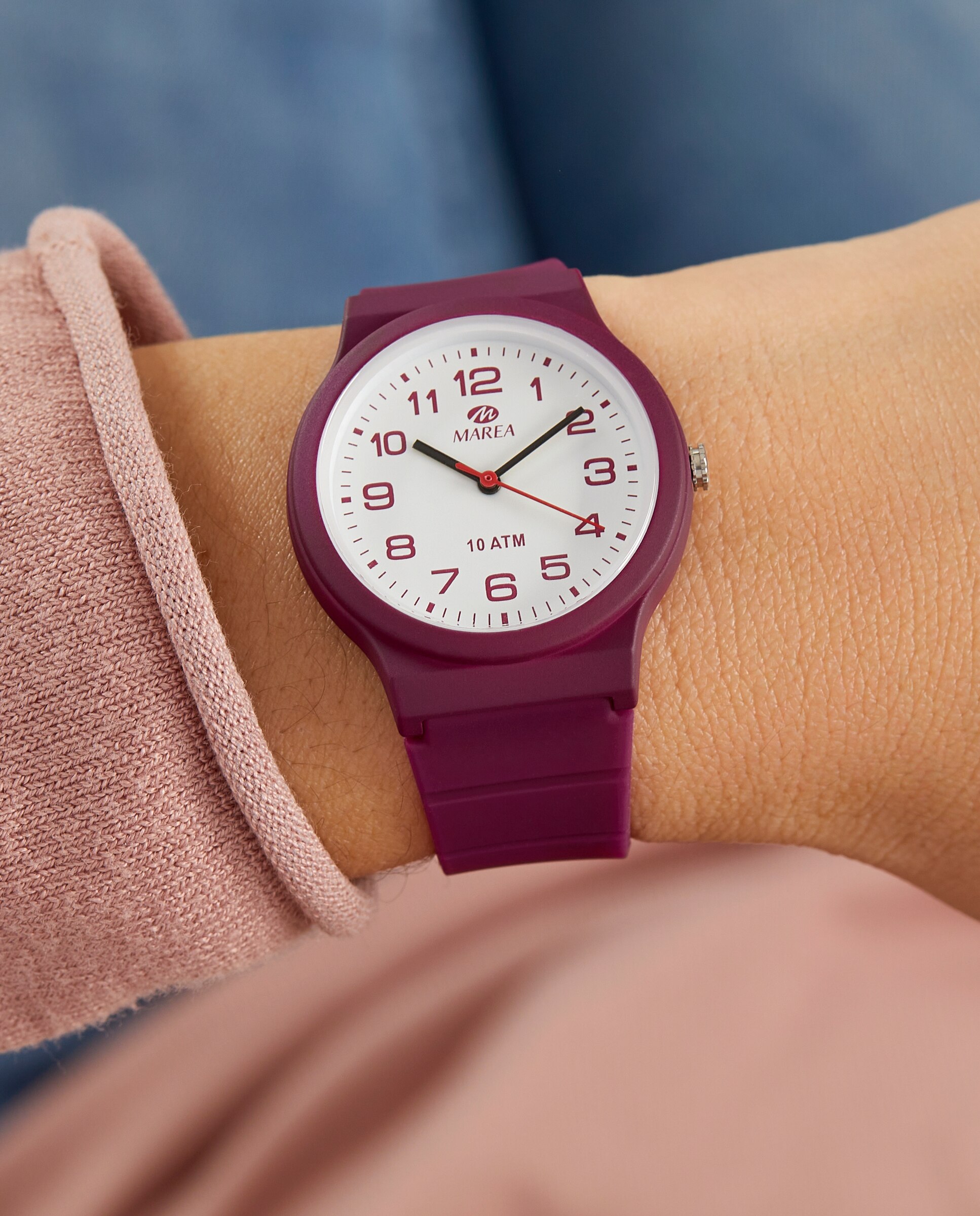 Imagen 2 de Reloj analógico de mujer b25177 3 correa de silicona burdeos y esfera blanca con segundero color rojo - Marea - Burdeos Burdeos