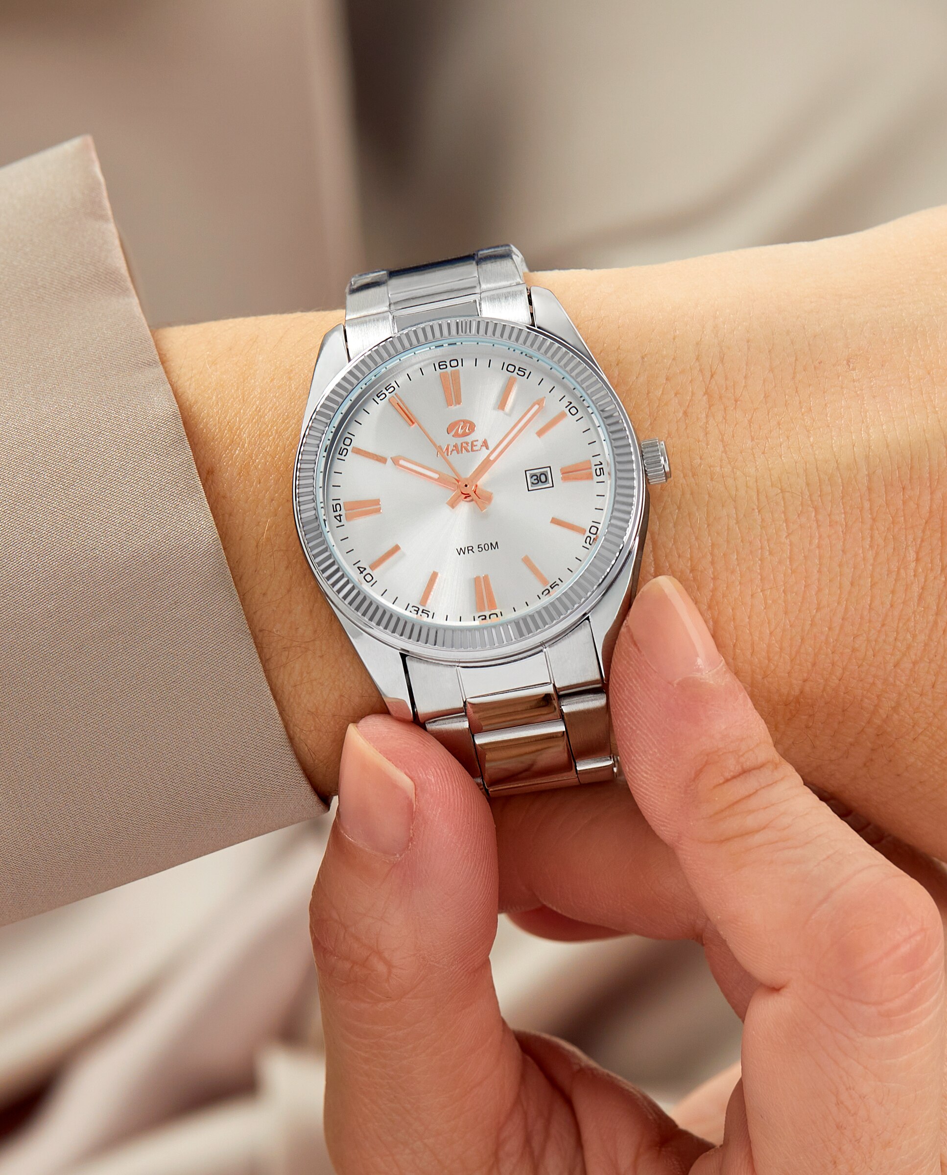 Reloj analógico de mujer b41377 1 correa de acero color plata y esfera plateada con índices y agujas color rose gold - Marea - Plateado Plateado-2