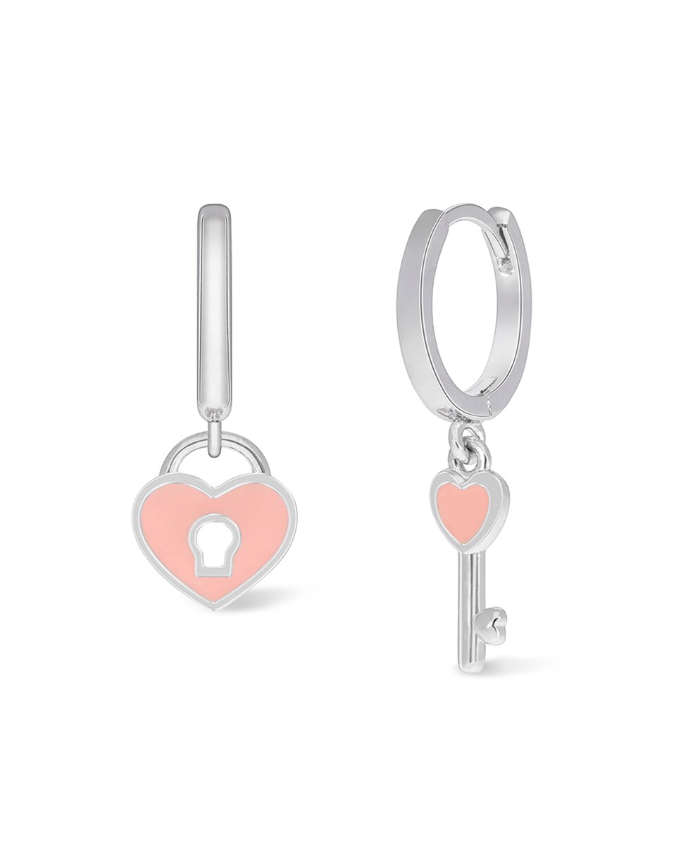 Pendientes de niña D03601/AG de plata rodiada con motivo llave candado corazón y esmalte rosa Rosa-1