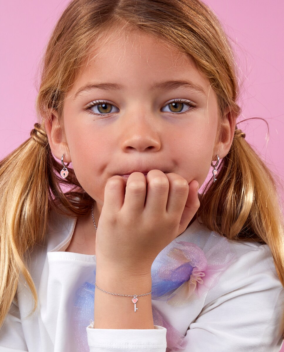 Pendientes de niña D03601/AG de plata rodiada con motivo llave candado corazón y esmalte rosa Rosa-3