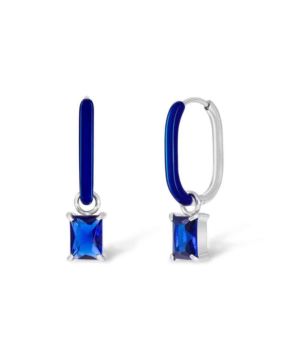 Pendientes aro C03001/AG de acero Esmalte azul con circonita colgante Plata-1