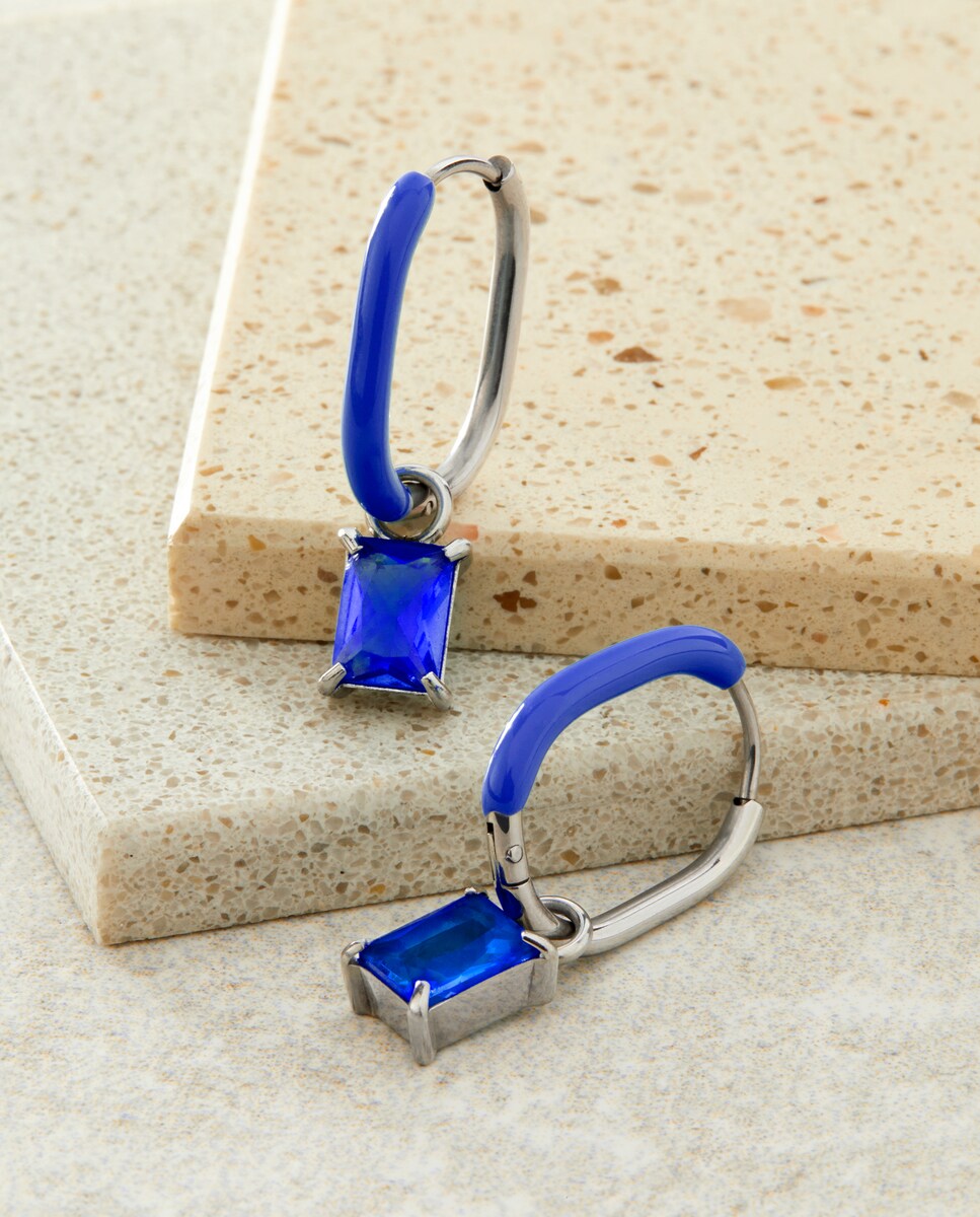 Pendientes aro C03001/AG de acero Esmalte azul con circonita colgante Plata-3